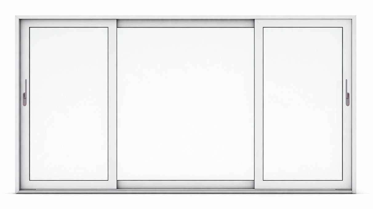 Configuration symétrique : **les deux vantaux latéraux sont mobiles** et s'ouvrent vers l'extérieur, tandis que la partie centrale reste fixe.