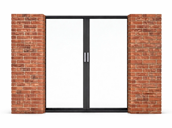 Ouverture Double : Les 2 vantaux se rejoignent au centre. À l'ouverture, ils s'écartent dans des directions opposées pour disparaître chacun dans leur mur respectif (un à gauche, un à droite).