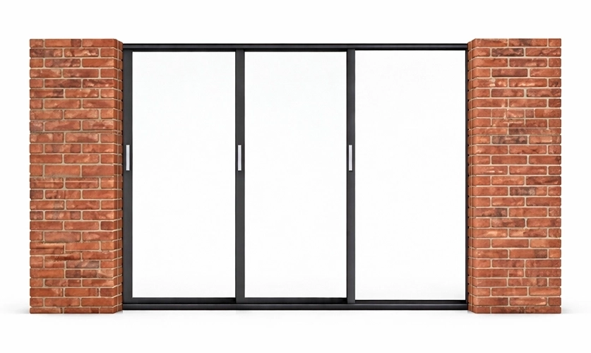 Ouverture Droite : Les 3 vantaux coulissent sur 3 rails distincts et s'escamotent intégralement dans le mur de droite pour une ouverture maximale.