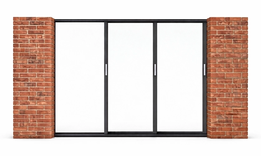 Ouverture Gauche : Les 3 vantaux coulissent sur 3 rails distincts et s'escamotent intégralement dans le mur de gauche.