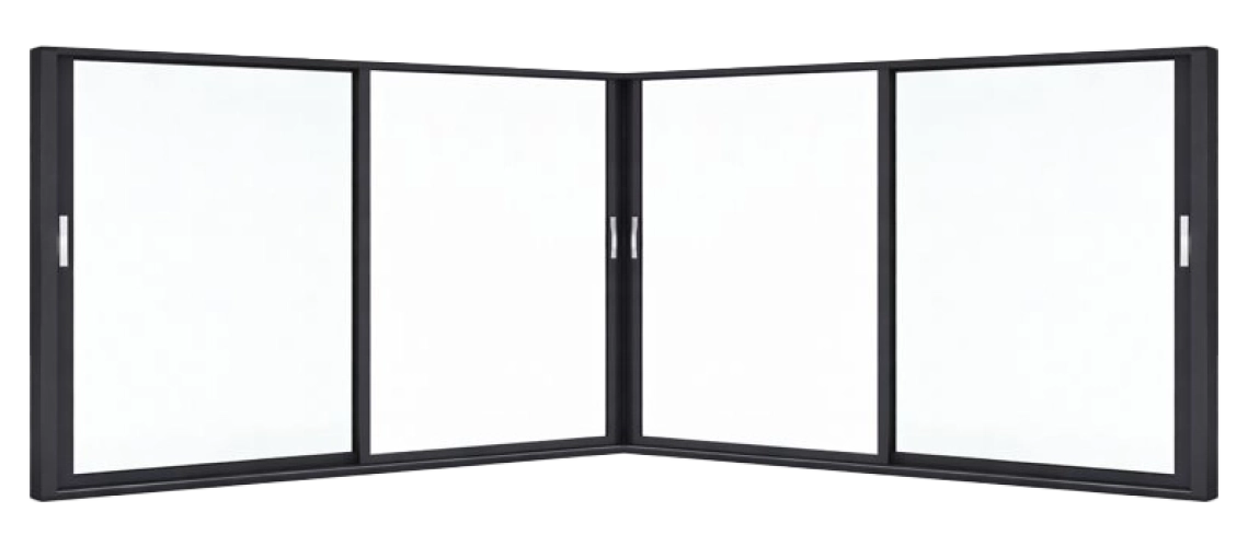 Configuration symétrique avec 2 vantaux coulissants de chaque côté de l'angle.