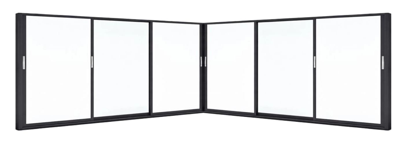 Configuration monumentale sur 3 rails. 3 vantaux de chaque côté s'ouvrent pour créer une ouverture panoramique XXL sans aucun poteau intermédiaire.