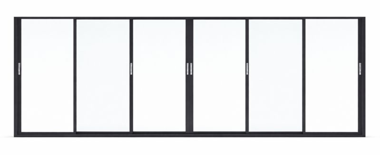 6 Vantaux (3 Rails) Ouverture Centrale. Les 4 vantaux centraux s'ouvrent vers l'extérieur (gauche/droite).