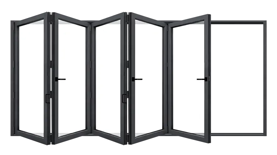 Panoramique : Les 5 vantaux se replient entièrement d'un seul côté pour une vue maximale.