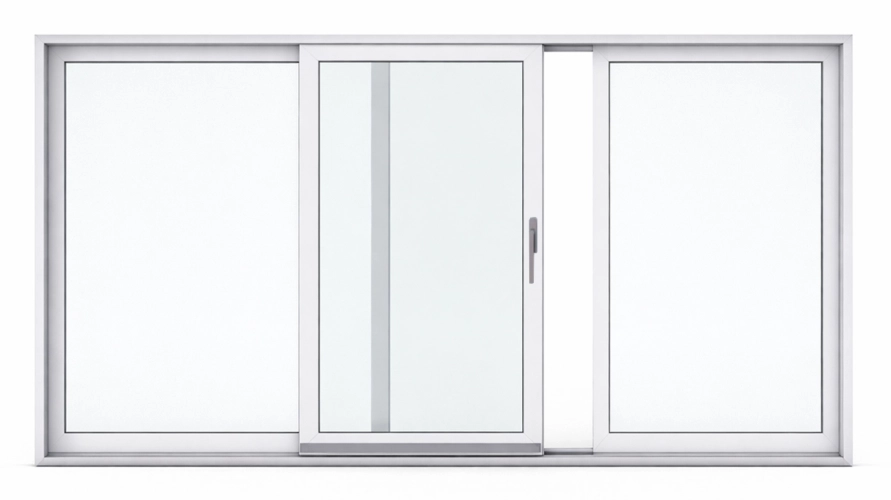 Un vantail central mobile encadré par deux vantaux fixes. Offre un accès central généreux et une vue parfaitement cadrée.