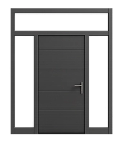 Porte d'entrée aluminium - imposte et deux panneaux latéraux vitrés